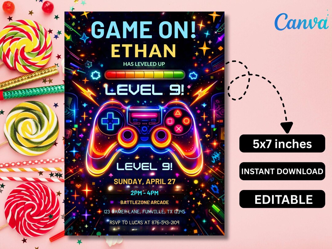Neon Game on Birthday Invitation, Level Up, Editable Canva Template ...