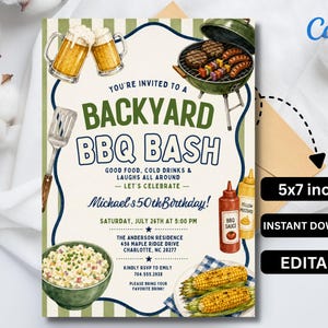 Op de afbeelding: Een Backyard BBQ Bash-uitnodiging met illustraties van bierpullen, een grill met eten en bijgerechten. De uitnodiging bevat de tekst "You're invited to a Backyard BBQ Bash" en evenementdetails. De uitnodiging is 12,7 x 17,8 cm.
