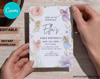 Fairy Birthday Invitation: Rainbow Party Invite (PDF, 5x7 in, Canva Template)