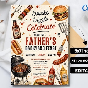 Fars dag-grillinbjudan, redigerbar canvas-inbjudan till grillfest (digital nedladdning)