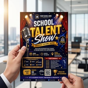 May include: A flyer for a school talent show featuring a silver microphone, red curtains, and gold spotlights. The text reads School Talent Show, Discover, Perform, Inspire, and includes event details, a schedule, a QR code, and a gold trophy icon.