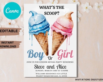 Ice Cream Gender Reveal Einladung: Bearbeitbare Sommerparty einladen (5x7, PDF druckbar