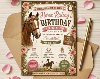 素朴な花柄の乗馬テーマの誕生日招待状テンプレート（Canva編集可能）