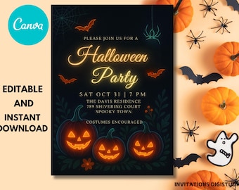 Spooky Pumpkin Halloween Party Invitation: Editable Canva Template (Digital Download)