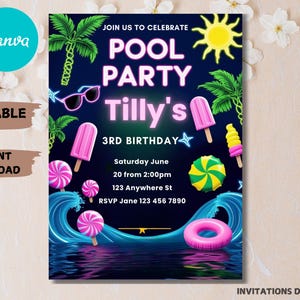Neon Pool Party Birthday Invitation, Summer Pool Party, Tropical Birthday Evite, Glow Pool Party Modern Invitation, Boy Pool Party Canva