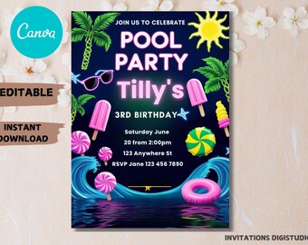 Neon Geburtstagseinladung zur Pool Party: Tropical Evite (PDF Download, Canva Bearbeiten)