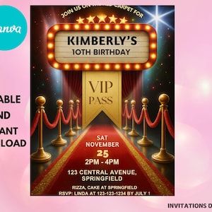 Hollywood VIP Pass Invitation: Red Carpet Birthday Party (PDF Template 5x7&quot; Canva Edit