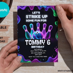 Editable Glow Bowling Birthday Invitation: Neon Party (PDF, Canva Template 5x7in Digital Download