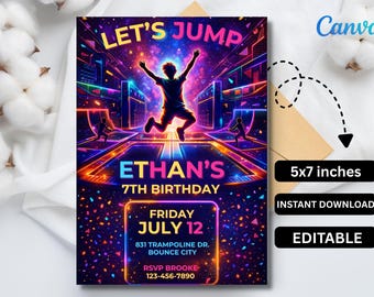 トランポリンパーク誕生日パーティー招待状 – ジャンプフリップパーティー用デジタル招待状（Canvaテンプレート）