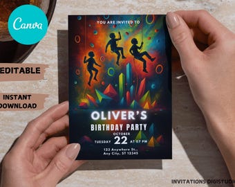 Rock Climbing Birthday Invitation, Editable Indoor Climbing Party Invite, Let&#39;s Climb and Play Neon Girl Adventure Party Instant Download