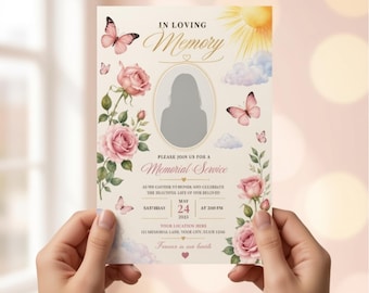 Memorial Invitation Template, Watercolor Roses, Butterflies, Photo Tribute (Digital Download)