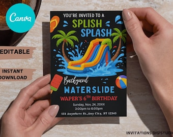 Editable Waterslide Birthday Invitation - Summer Pool Party - Splash Birthday Evite - Water Slide Bash Modern Canva Template Boy Girl