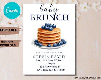 Blaubeer-Babyparty-Einladung: Pfannkuchen-Brunch-Thema (PDF-Download)