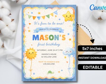 1歳の誕生日って楽しい！男の子の1歳の誕生日招待状 | 1歳の誕生日 | Canvaテンプレート