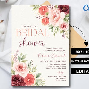 May include: Bridal shower invitation with floral watercolor design. The invitation features the text "SHE SAID YES! BRIDAL shower" and details for Olivia Bennett's shower. The invitation is 5x7 inches.