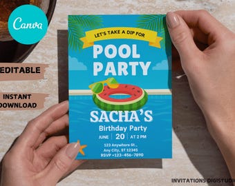 Editable Girls Pool Party Invitation Template: Canva Digital Download