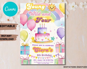 Young Wild and Four Birthday Invitation, Retro Spring Party (PDF)