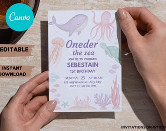 Oneder the Sea Birthday Invitation: Ocean Animals, Editable Template (PDF Print, 5x7")