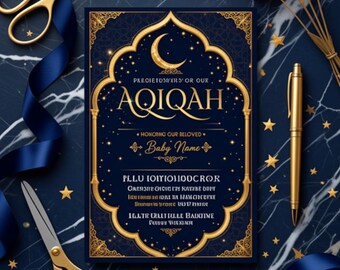 Arabian Nights Aqiqah Invitation Template, Luxury Muslim Baby Celebration Flyer (Digital Download)