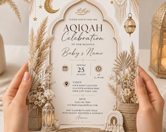 Boho Aqiqah Invitation Template, Neutral Islamic Baby Celebration, Canva Editable (Digital Download)