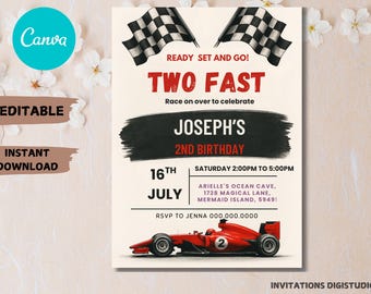 Two Fast Birthday Invitation: Race Car 2nd Birthday, Canva Template (PDF)