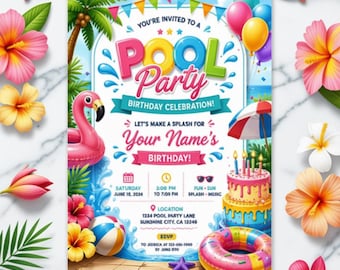 Pool Party Birthday Invitation, Tropical Summer Splash Invite (Digital Download)