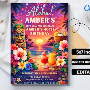 Invitación de cumpleaños para luau tropical, fiesta hawaiana de piña (plantilla editable de Canva)