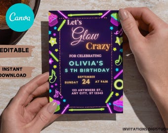 Glow Party Birthday Invitation: Neon Editable Template (5x7" PDF Print)