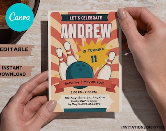 Retro Bowling Birthday Invitation, Strike Up Some Fun, Canva Template