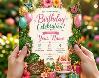 Tropical Garden Birthday Invitation, Editable Floral Party Template (Digital Download)