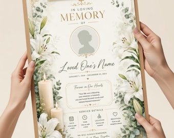 Elegant Funeral Announcement Template | White Lily Memorial Card (Digital Download)
