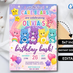 Inbjudan till Care Bears-födelsedag, redigerbar Canvas-festinbjudan (digital nedladdning)