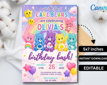 Care Bears Birthday Invitation, Editable Canva Party Invite (Digital Download)