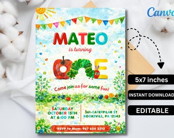 Hungry Caterpillar 1st Birthday Invitation, Editable Canva Template (Digital Download)