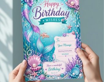 Mermaid Birthday Card Template, Editable Happy Birthday Wishes Card, Under the Sea Greeting Card, Mermaid Photo Card,