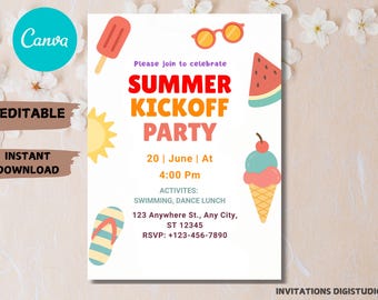 Invitación editable para fiesta de inicio de verano: Plantilla de Canva (descarga digital, opción de impresión en PDF de 13x18 cm)