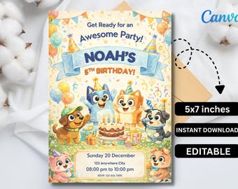Bluey Bingo 誕生日招待状、編集可能な Canva テンプレート (デジタルダウンロード)