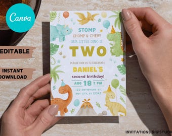 Dinosaur Birthday Invitation, EDITABLE Dinosaur 2nd Birthday Party Invite, Two Rex Dino Invite,2nd Birthday Boy Dinosaur Party