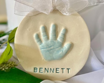 Baby Hand Print Ornament,  Ceramic Handprint Keepsake Ornament  - Newborn Heirloom Hand Print Ornament - New Baby Memento Ornament