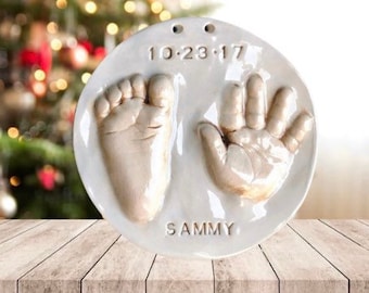 Hand and footprint Ornament Keepsake Footprint Ornament - Hand and Footprint Ornament, Newborn Present - Ceramic 4.5 inches