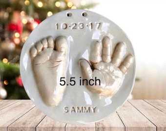 5.5 Inch Baby Keepsake Ornament , Footprint Ornament , Hand and Footprint Gift , Newborn Present , Ceramic Hand and footprint