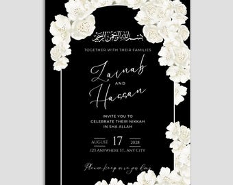 Floral Nikah Invitation Template: Black & White Muslim Wedding (Canva Editable Digital Download)