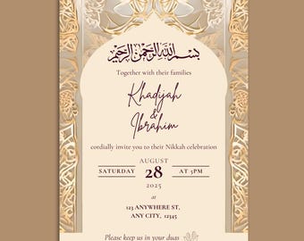 Puede incluir: Tarjeta de invitación crema con bordes dorados ornamentados. La tarjeta presenta caligrafía árabe, los nombres "Khadijah & Ibrahim" y los detalles de una celebración de Nikkah. La fecha es el sábado 28 de agosto de 2025 a las 17:00.