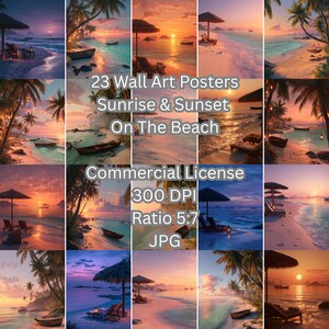 Pode incluir: Uma colagem de 23 cartazes de arte de parede com cenas de praia ao nascer e pôr do sol. As imagens mostram praias tropicais com palmeiras, barcos e espreguiçadeiras sob guarda-sóis. O texto na imagem diz: "23 Wall Art Posters Sunrise & Sunset On The Beach Commercial License 300 DPI Ratio 5:7 JPG."