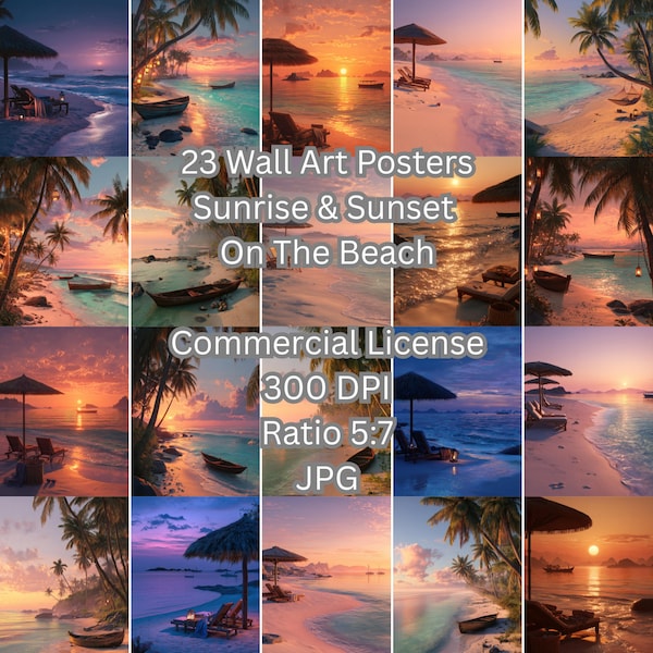 Beach Sunrise Sunset Wall Art Bundle – Coastal Prints, Ocean Photography, Beach Aesthetic Decor | Digital Download | Commercial License