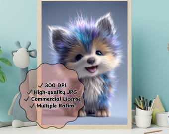 Puede incluir: Una impresión enmarcada con un cachorro de dibujos animados con pelaje esponjoso en tonos azules, beige y morados. El cachorro sonríe con la lengua fuera. La impresión incluye texto: "300 DPI", "High-quality JPG", "Commercial License" y "Multiple Ratios".