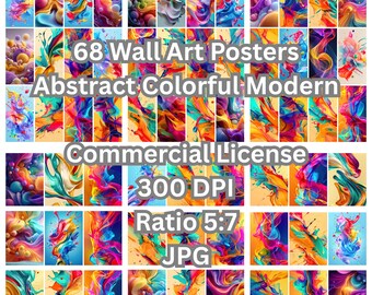 Può includere: Una collezione di 68 poster di arte murale moderni e colorati. L'immagine presenta vibranti vortici di colore in vari design. Il testo indica una licenza commerciale, 300 DPI, un rapporto 5:7 e formato JPG.