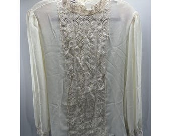 Vintage 90s Victorian Revival Lace Pleated Button Blouse Sheer NWT Edwardian 18