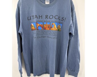 Camiseta de manga larga Gildan Utah Rocks para hombre, talla L, azul, Zion, Bryce Arches, estilo vintage Y2K