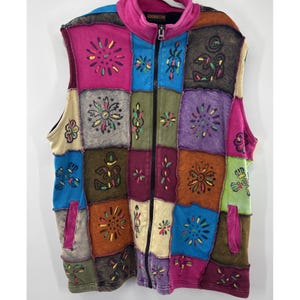 Patchwork Vest Jacket Boho Festival Full Zip L/XL Hand Painted Cotton Siddhartha